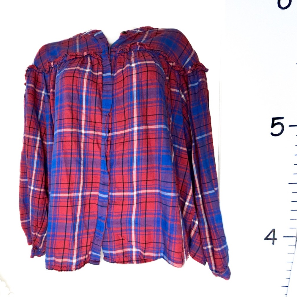 Madewell Red Blue Plaid Ruffled Button-Down Blouse XL